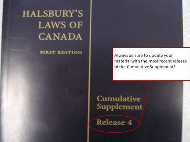 Photo of the Cumulative Supplement section of Halsbury's Laws of Canada.